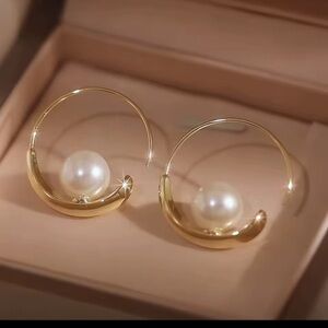 18k Gold Finish & Glass Pearl Hoop Earrings